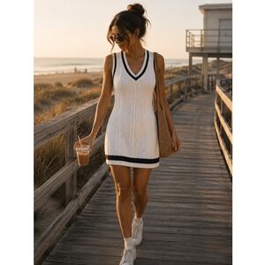 H&M Divided Womens Small White Navy Striped V-Neck Cable Knit Sweater Mini Dress